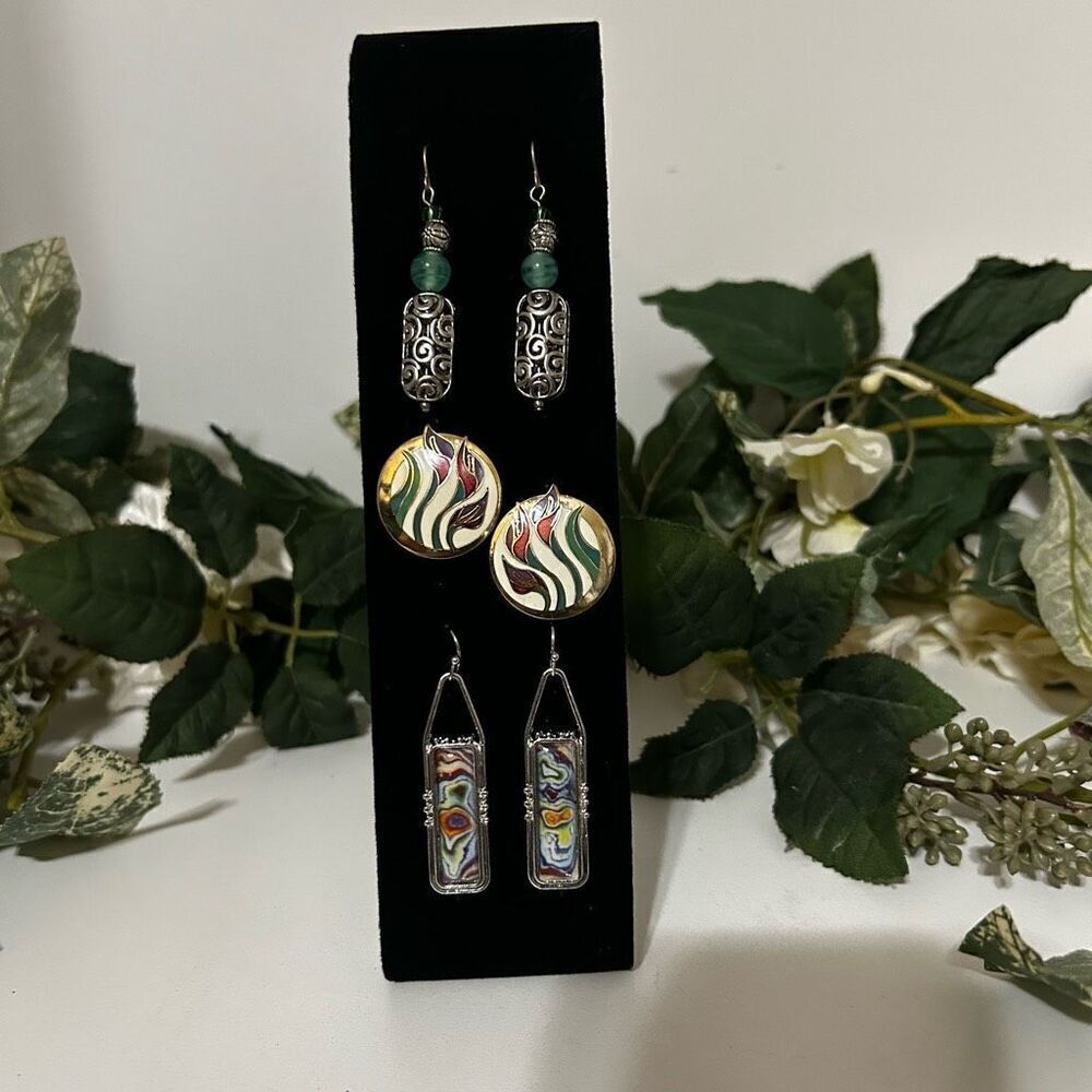 Lot Of 3 Pairs Laurel Burch Lillies Post & 2 Drop Dangle Earrings Set Multicolor